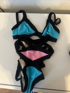 Agent Provocateur Black Swimsuit with Turquoise & Pink Panels
